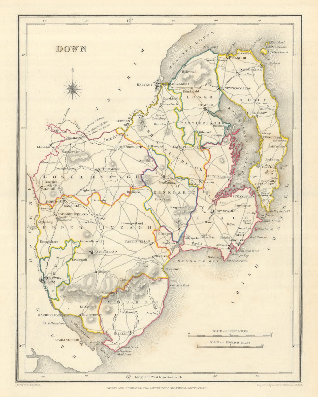 COUNTY DOWN antique map for LEWIS by CREIGHTON & DOWER. Ulster 1850 old